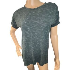 Daytrip Heathered Green Short Sleeve Blouse With Braid Shoulder Detail